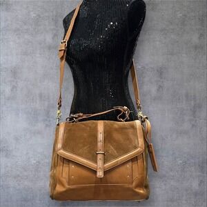 HTF Tory Burch 797 Tan/Camel Suede & Leather Crossbody Purse Satchel Bag -Read